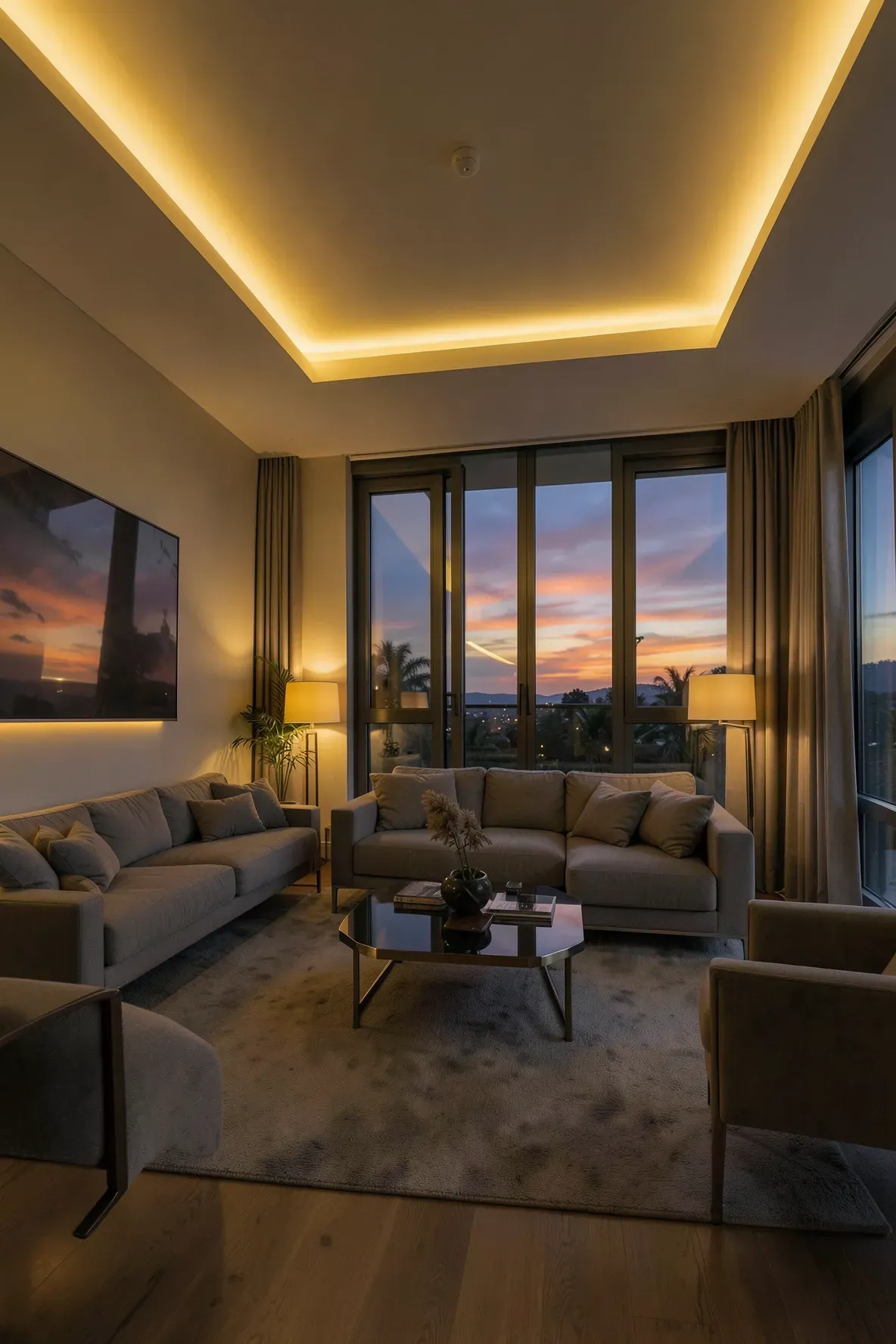 A modern living room at dusk with smart lighting automatically glowing in warm sunset orange and gold tones.