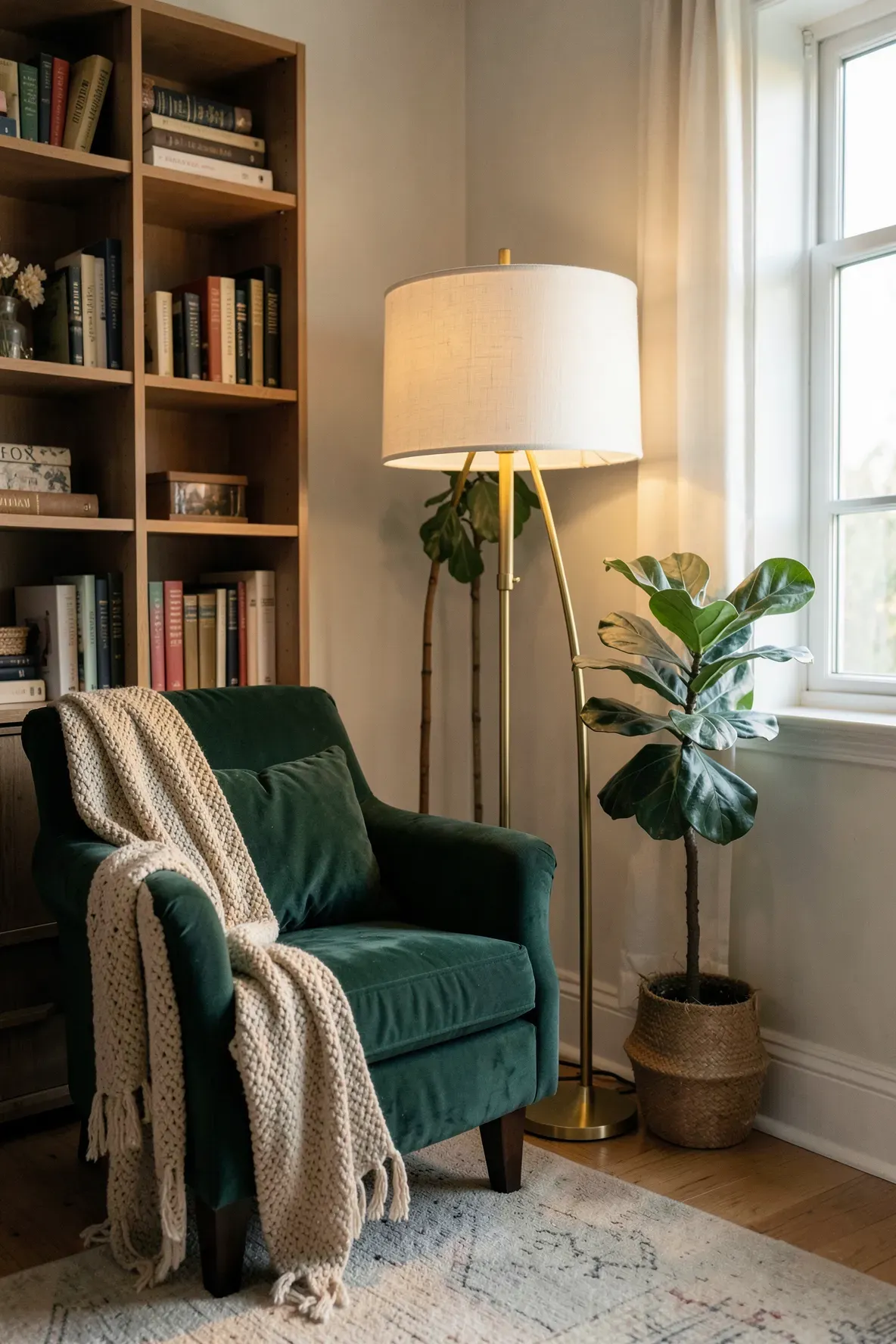 An adjustable floor lamp with a fabric drum shade illuminating a cozy living room corner.