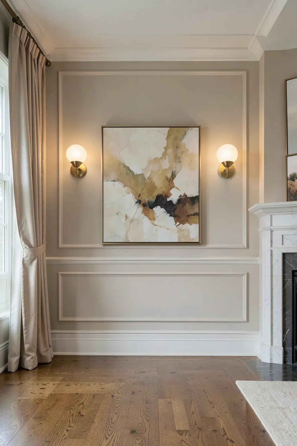 Elegant frosted glass wall sconces providing soft, dimmable lighting in a beige living room.