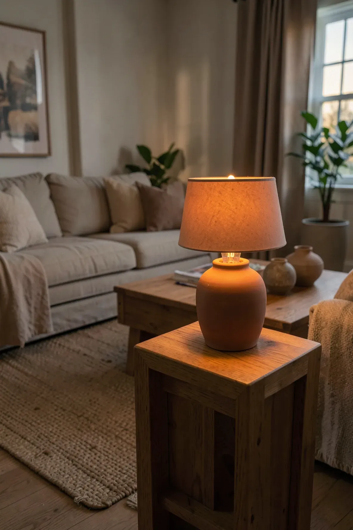 A ceramic table lamp with an amber bulb casting a warm sunset-like glow in a living room.