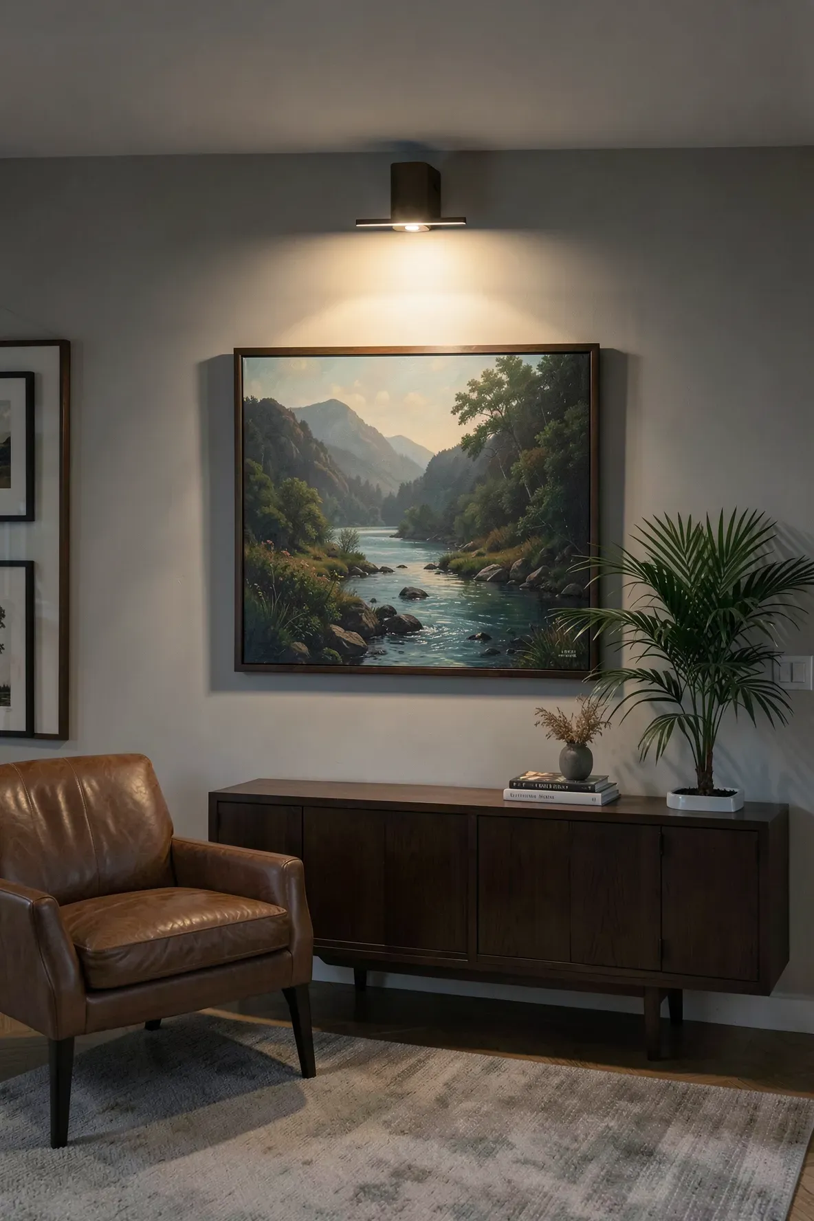 A bronze picture light illuminating a framed painting on a living room wall.