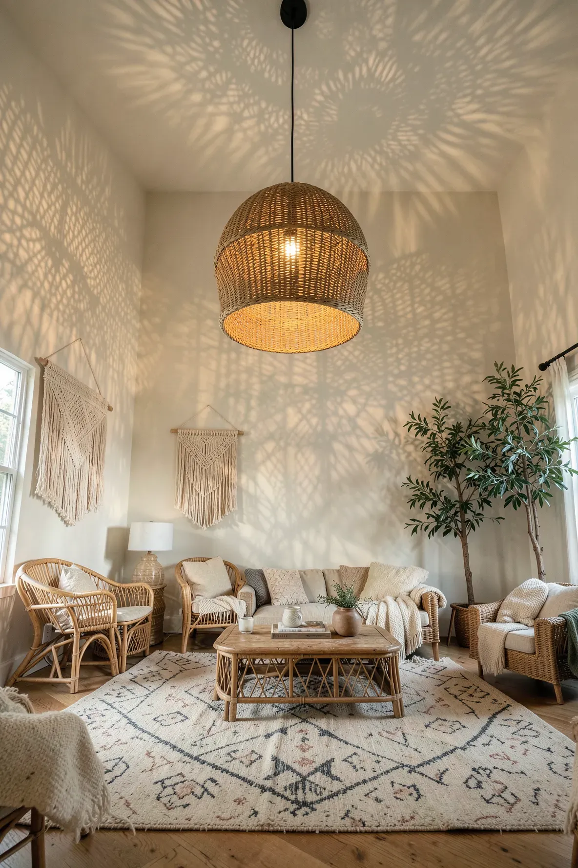 A woven rattan pendant light casting beautiful textured shadows in a boho-style living room.