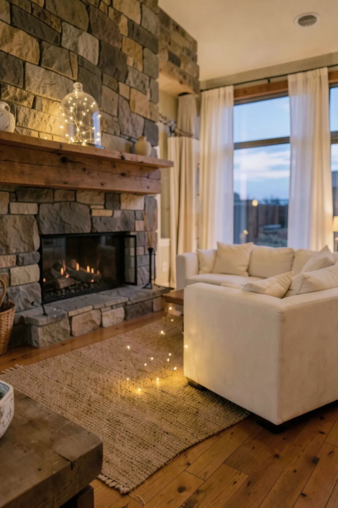A glass cloche filled with glowing fairy lights sits on a mantel in a cozy, soft-lit living room.
