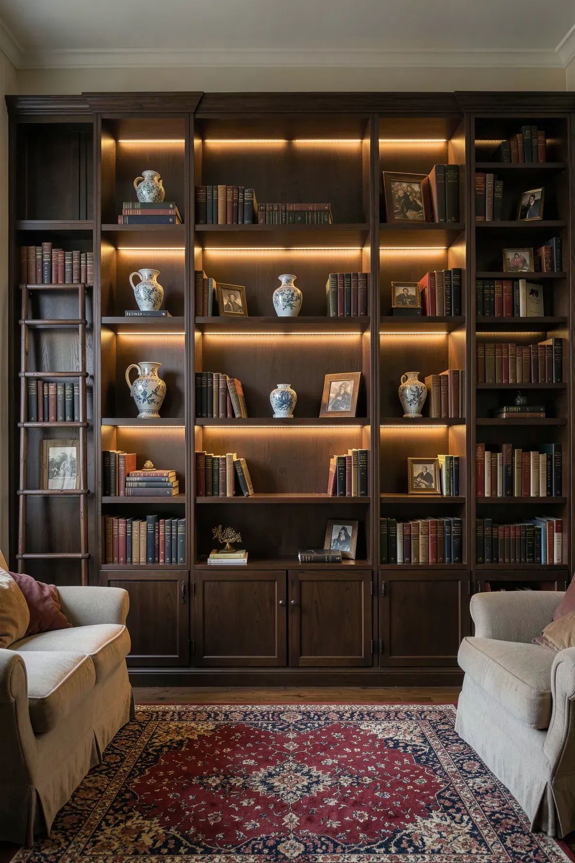 Integrated puck lights create a warm glow behind books on a large wooden shelf in a living room.