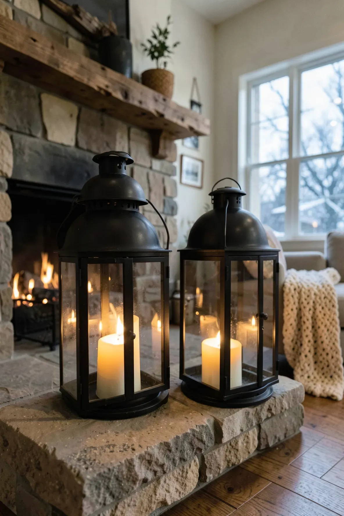 Large hurricane lanterns with glowing candles sit on a stone hearth in a cozy living room.