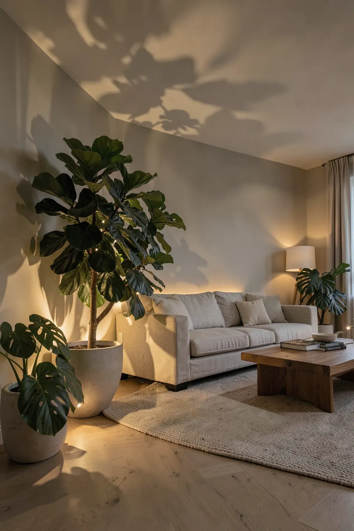 A cozy living room at night with floor lights behind large plants casting leaf shadows on the wall.