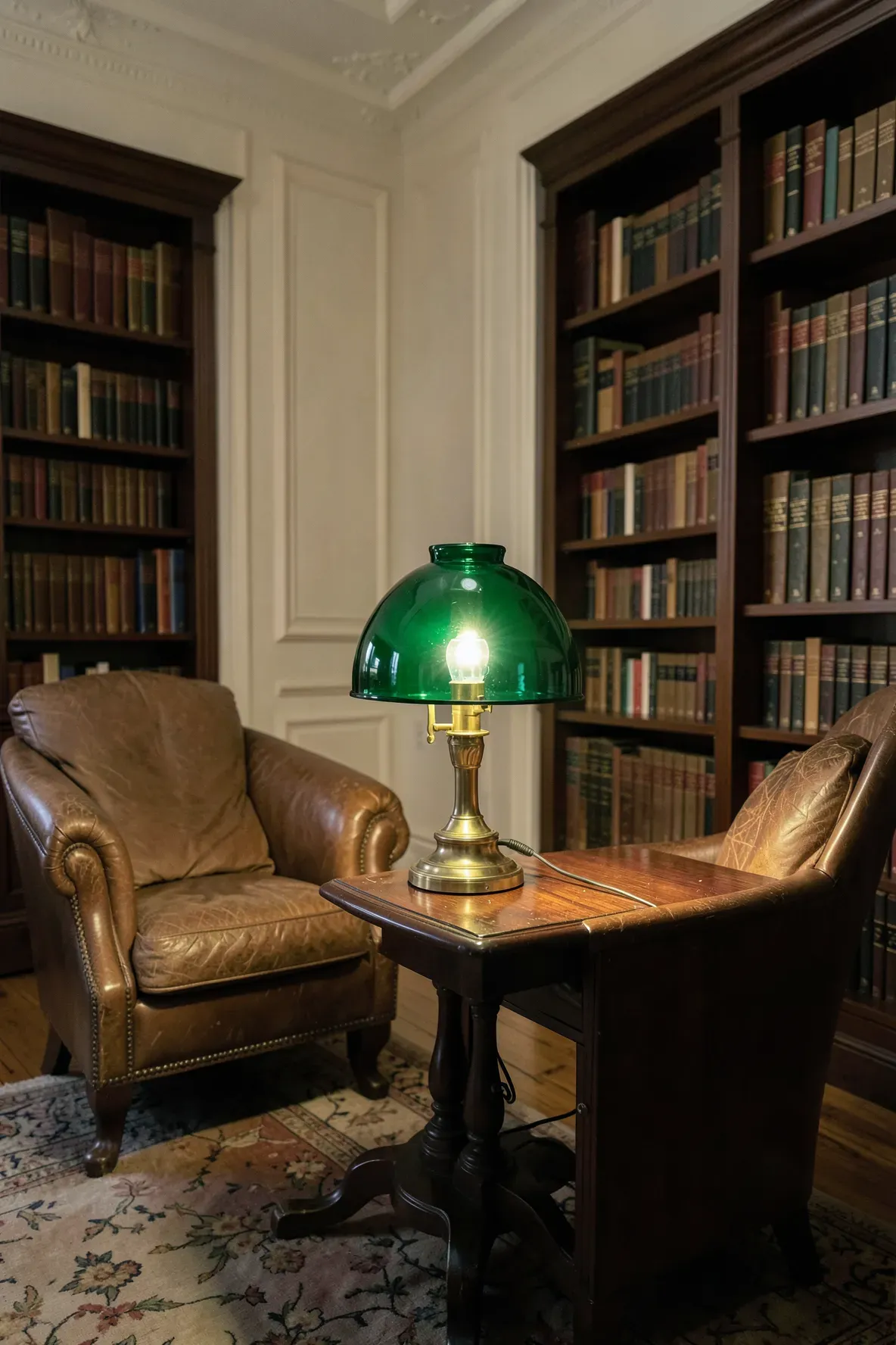 A classic green glass banker's lamp on a wooden table in a dimly lit, relaxing living room.