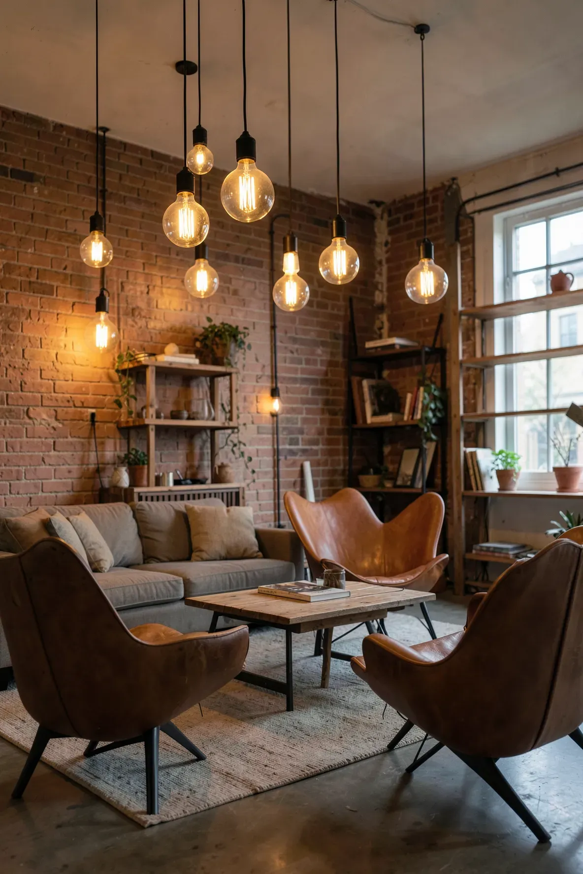 Warm gold-tinted Edison bulbs hanging in a relaxing living room with an industrial aesthetic.