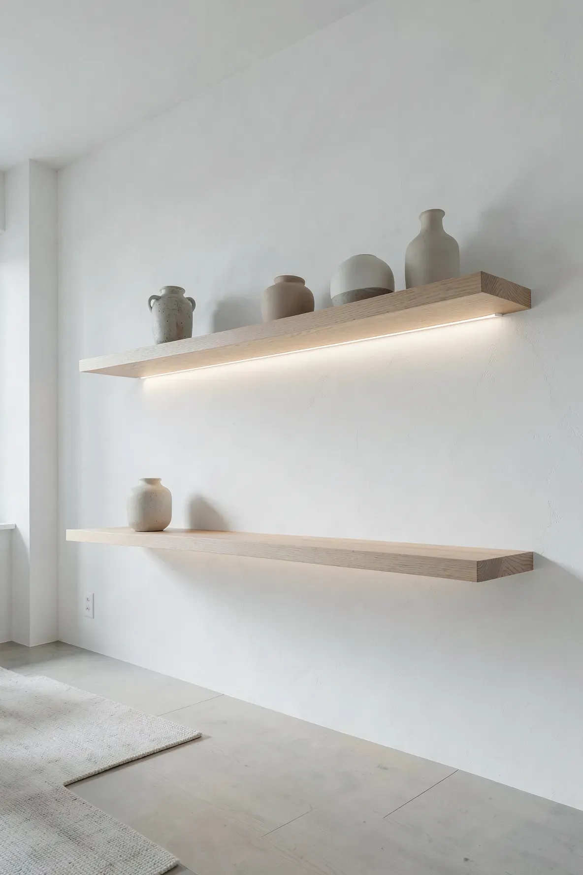 Hidden LED light bars under floating shelves creating a soft glow on the wall of a minimalist room.