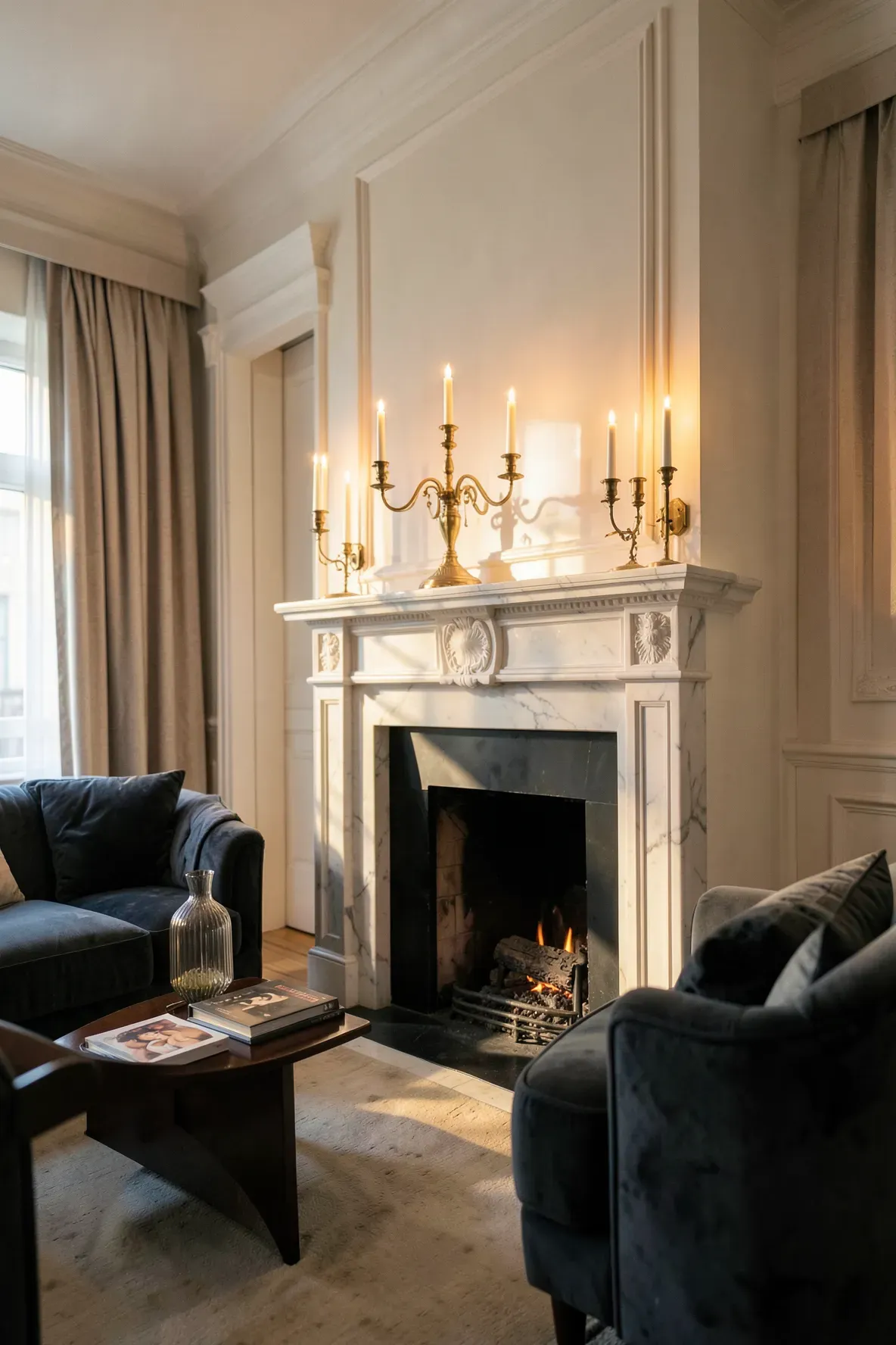 An antique brass candelabra with lit candles on a white marble mantel in a cozy, soft-lit living room.