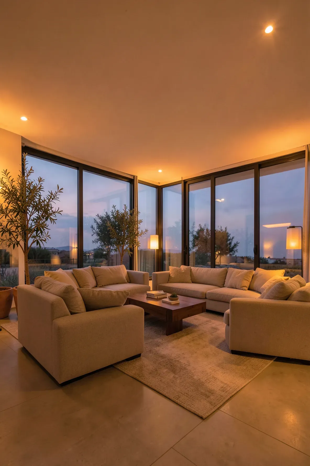 A modern living room bathed in warm orange and amber light from smart bulbs during twilight.