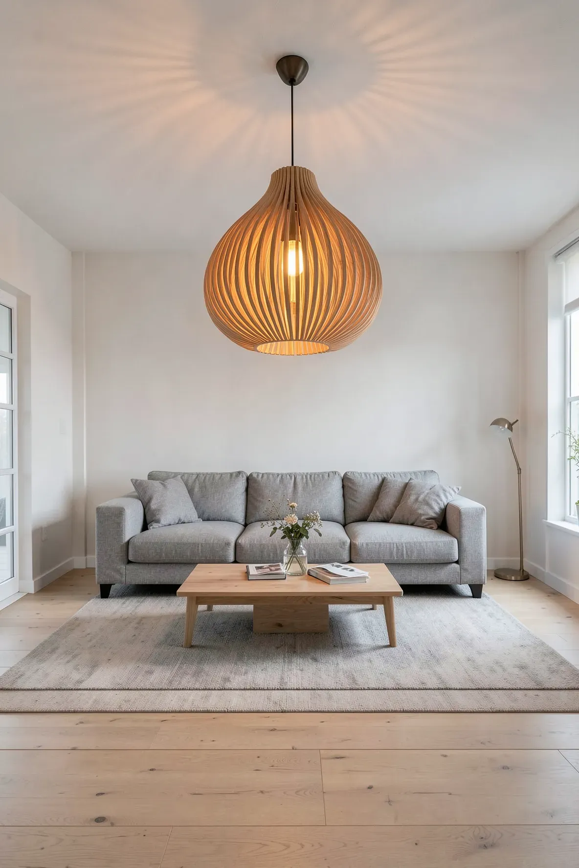 A large sculptural wood pendant lamp glowing with warm light in a Scandinavian style living room.