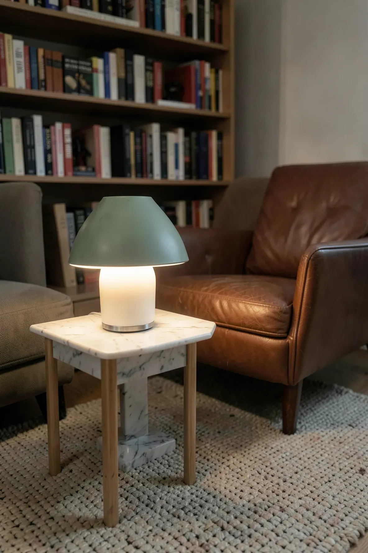 A small cordless mushroom lamp providing soft downward light on a side table in a cozy living room.