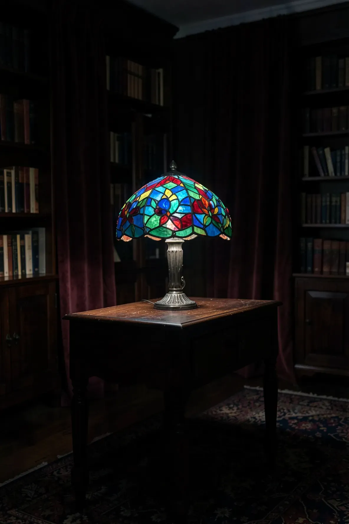 A colorful stained glass lamp glowing in a dark, cozy living room with jewel-toned light patterns.