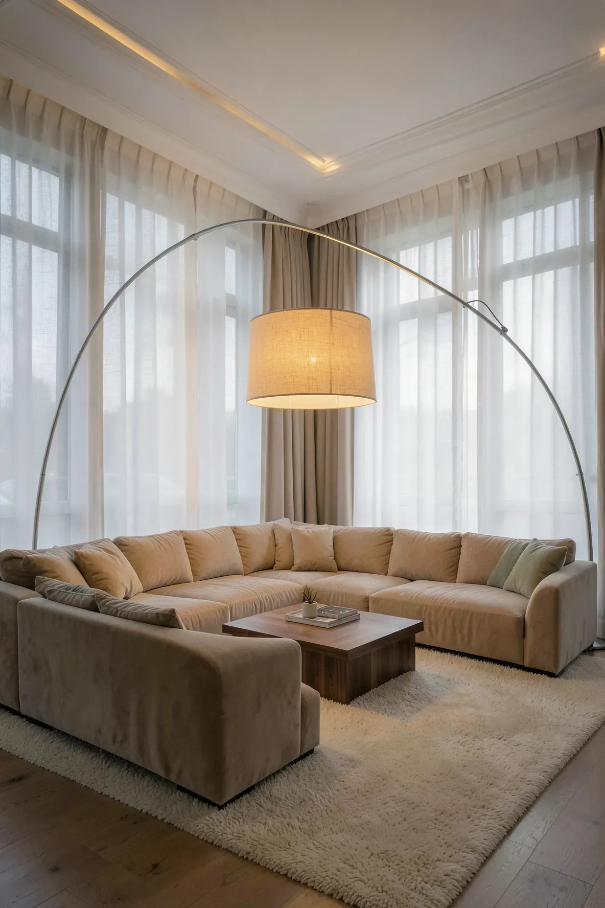 A modern living room featuring a large overhanging arc lamp with a linen shade over a cozy sofa.