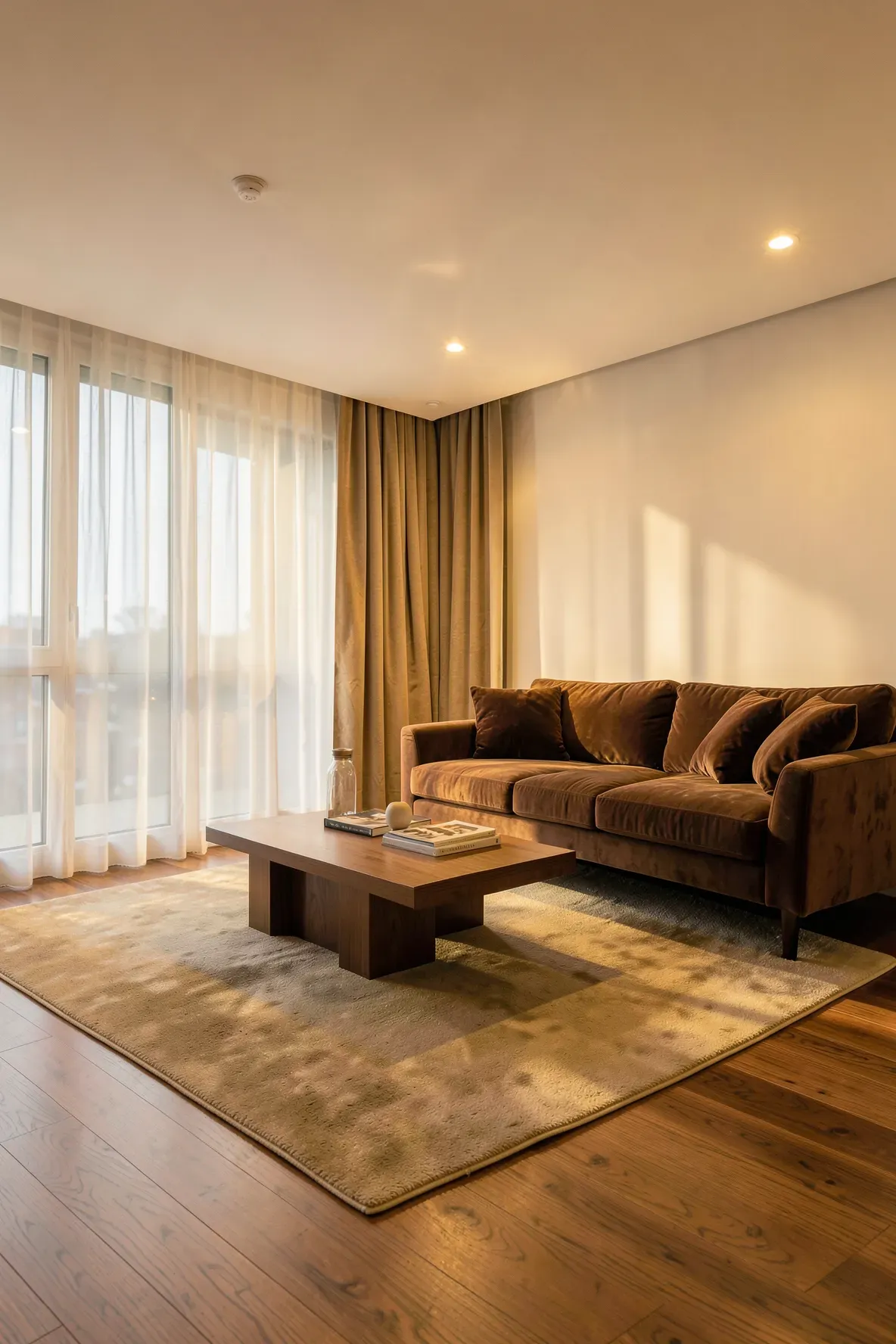 A wide view of a cozy living room glowing with warm 2700K LED bulb lighting.