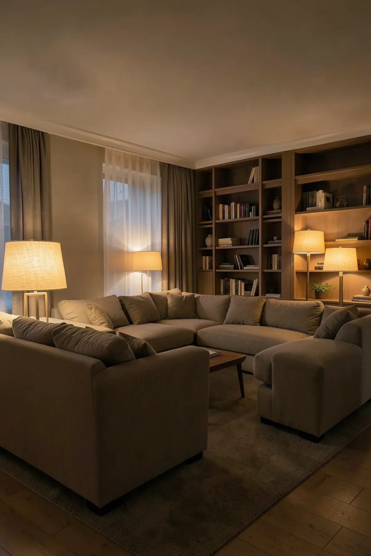 A living room with fabric-shaded floor lamps creating a soft, dimmable warm glow.