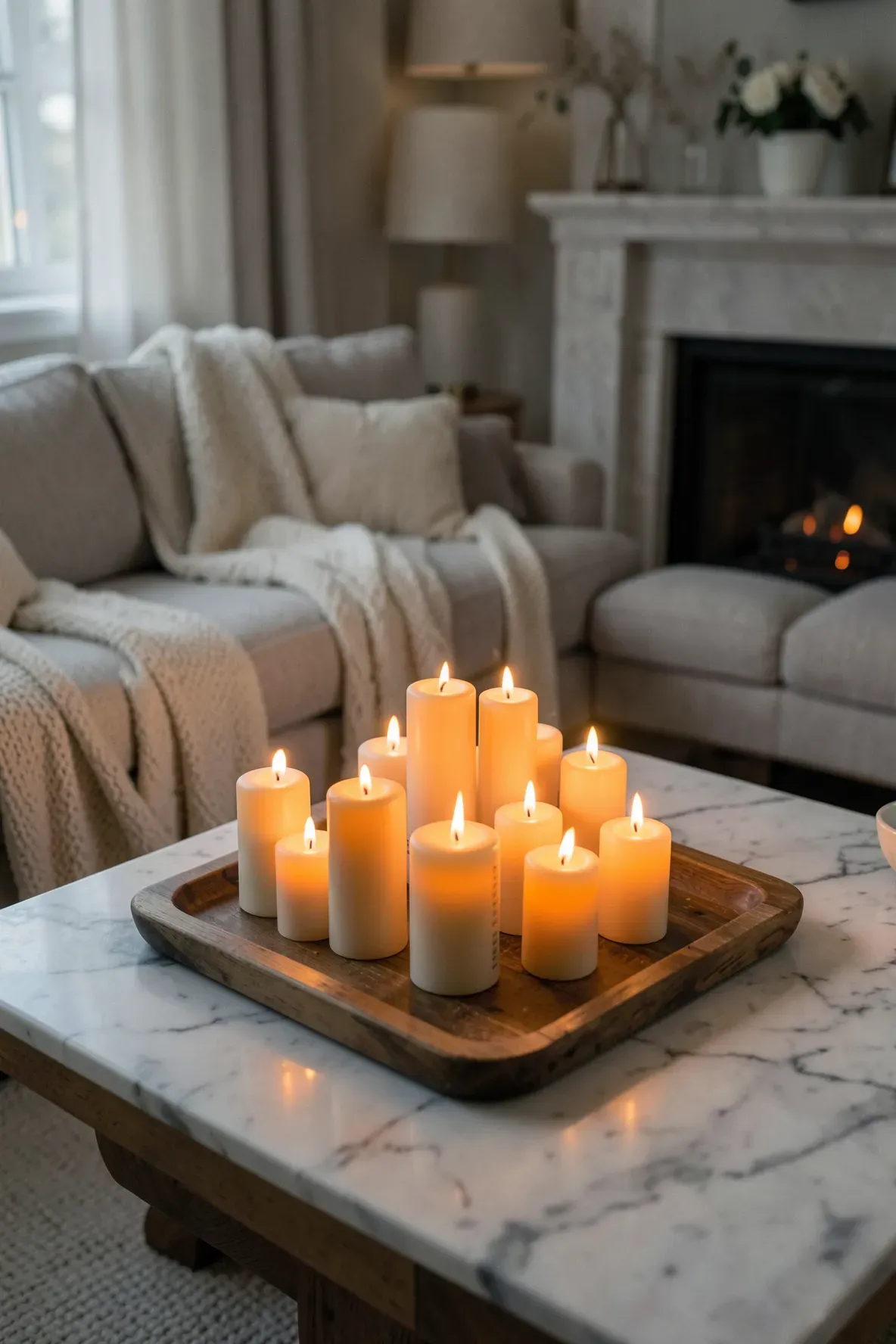 Clusters of flickering flameless candles on a coffee table in a warm living room.