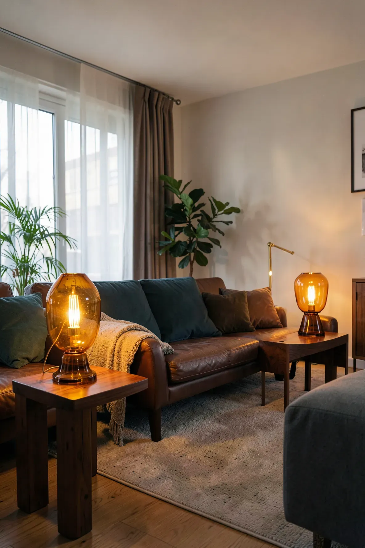 Amber glass table lamps on side tables providing a warm golden glow in a living room.
