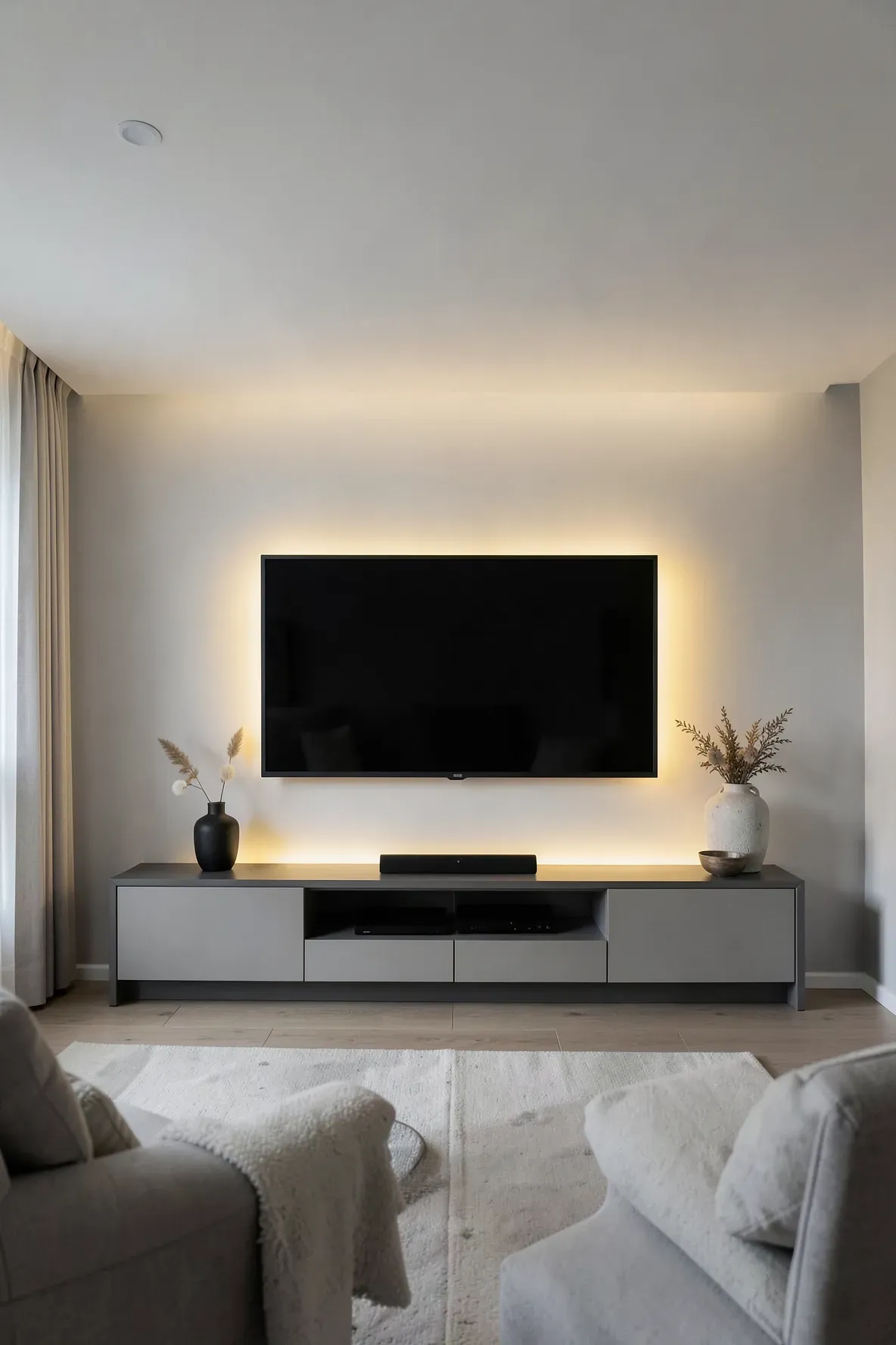 A television with warm bias backlighting in a modern, cozy living room.
