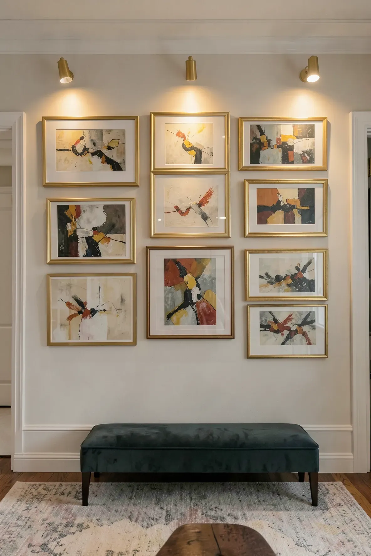 Warm picture lights highlighting framed artwork on a living room gallery wall.