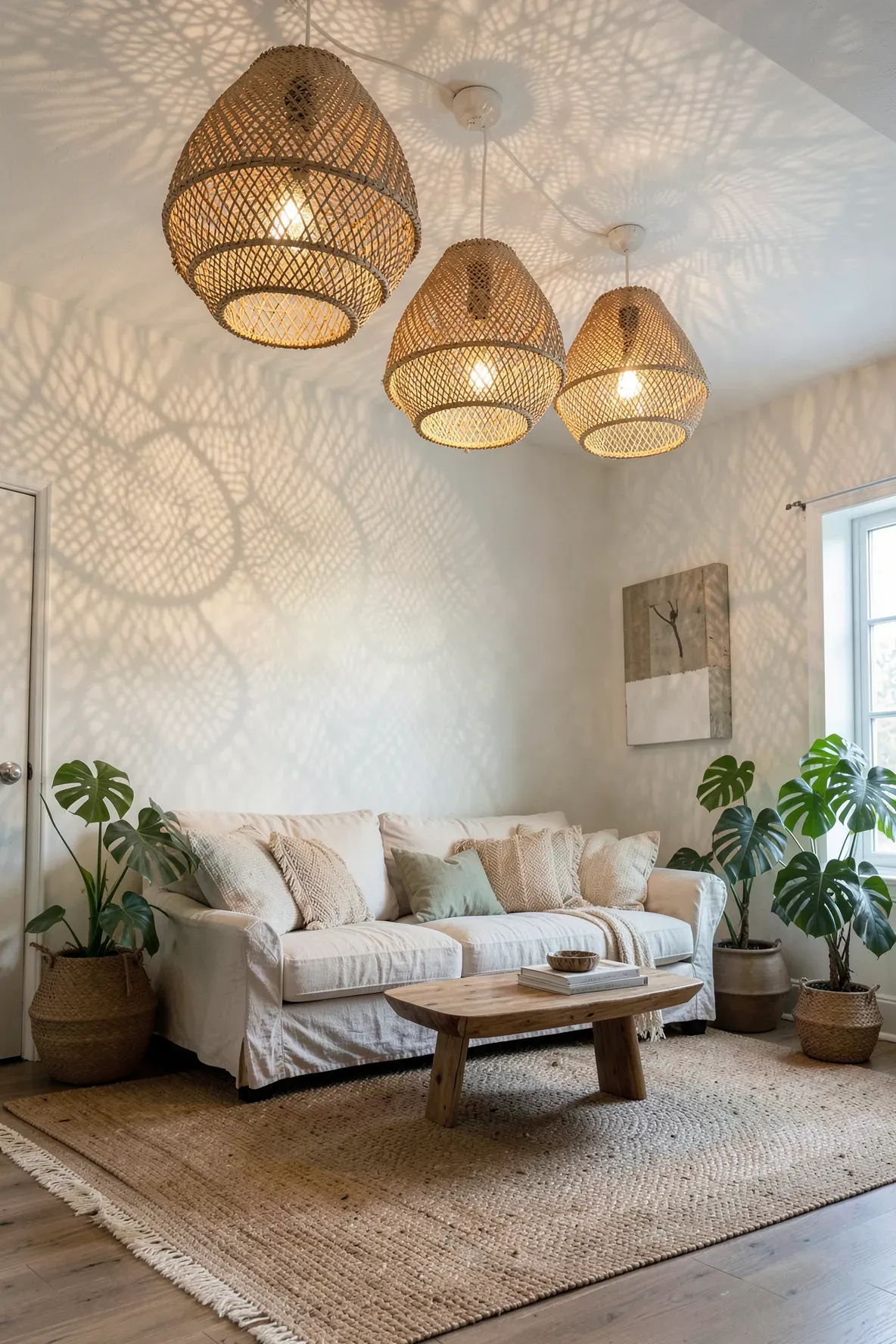 Woven rattan pendant lights casting patterned warm light in a boho-style living room.