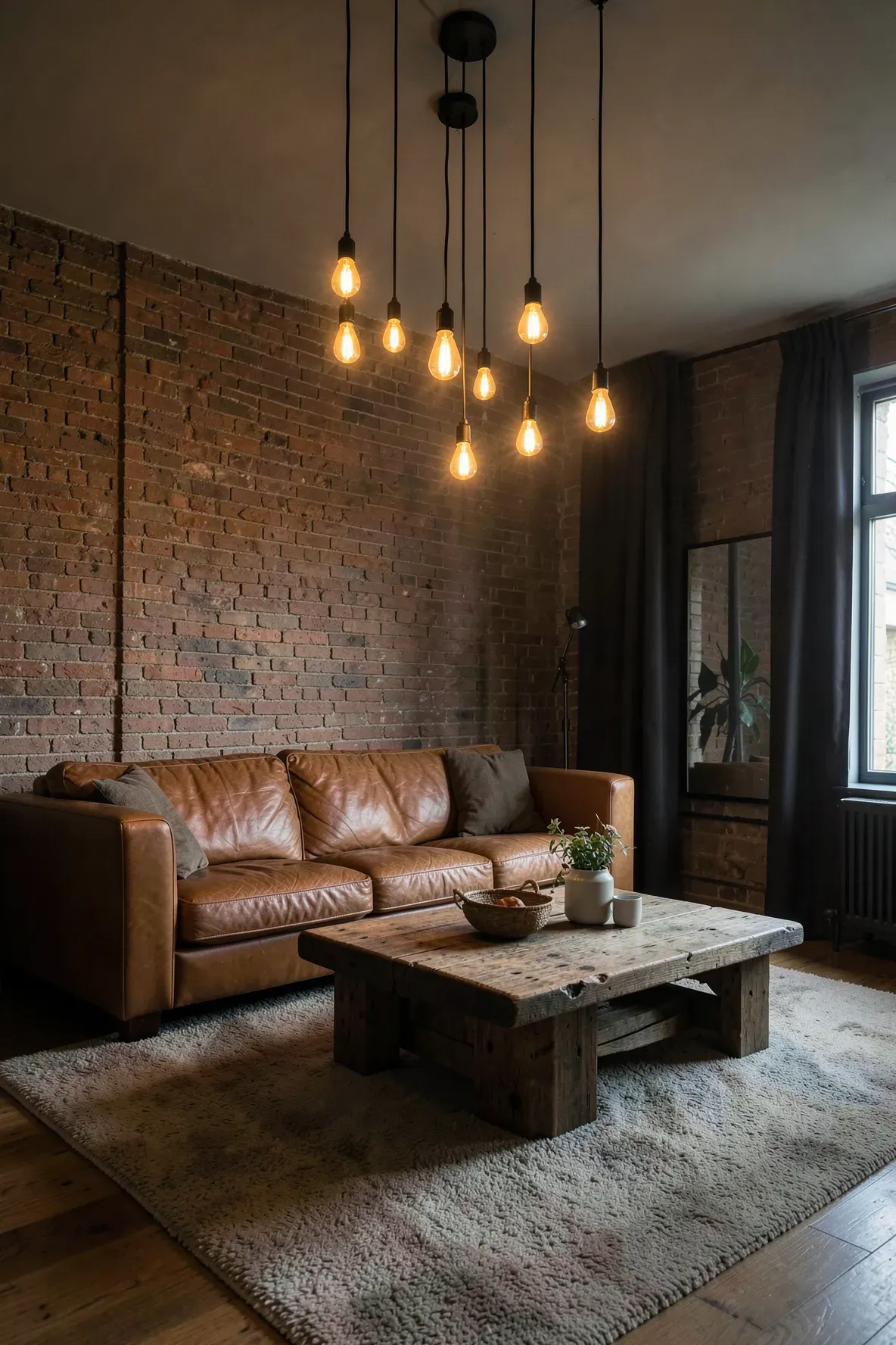 A cozy living room illuminated by the warm amber glow of vintage Edison bulbs in hanging fixtures.