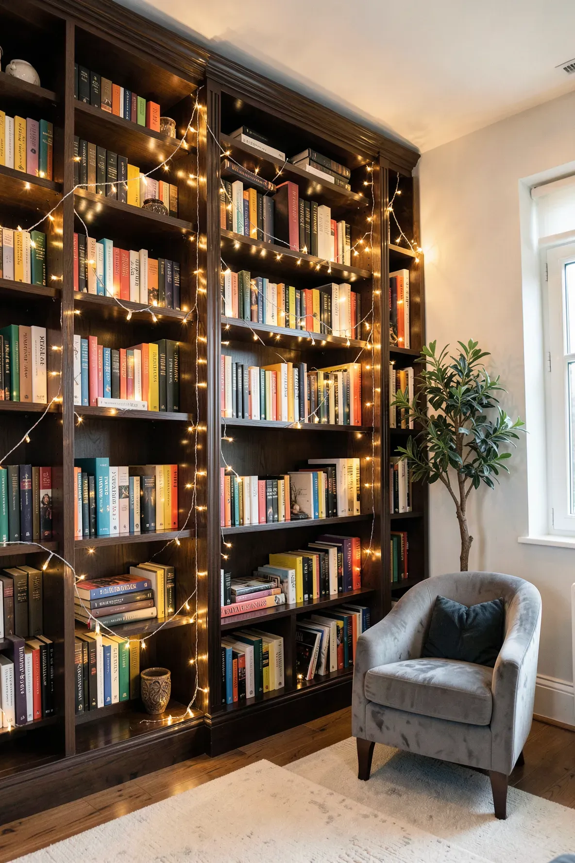 Warm string lights draped across a large bookshelf in a cozy, well-lit living room.