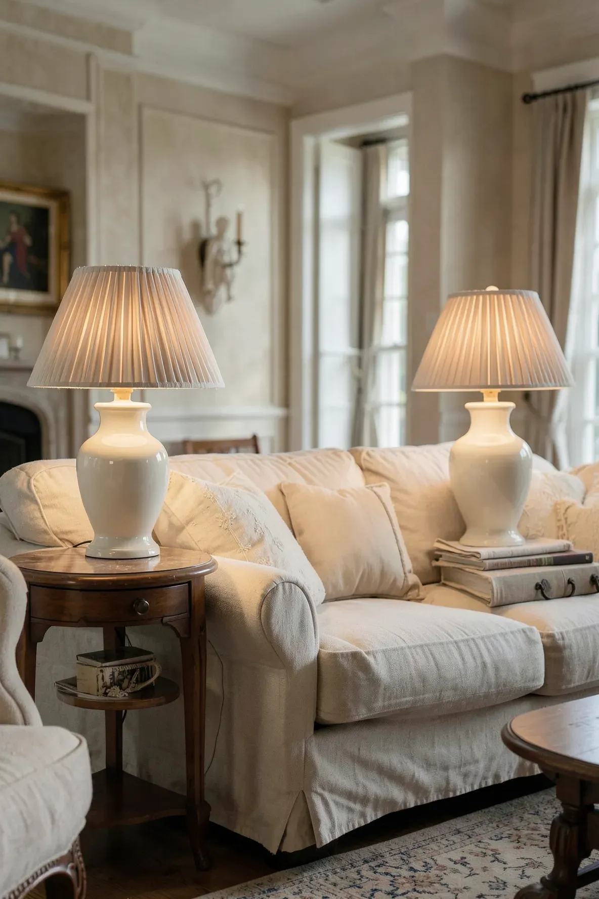 Two ceramic table lamps with pleated shades providing soft light in a classic living room.