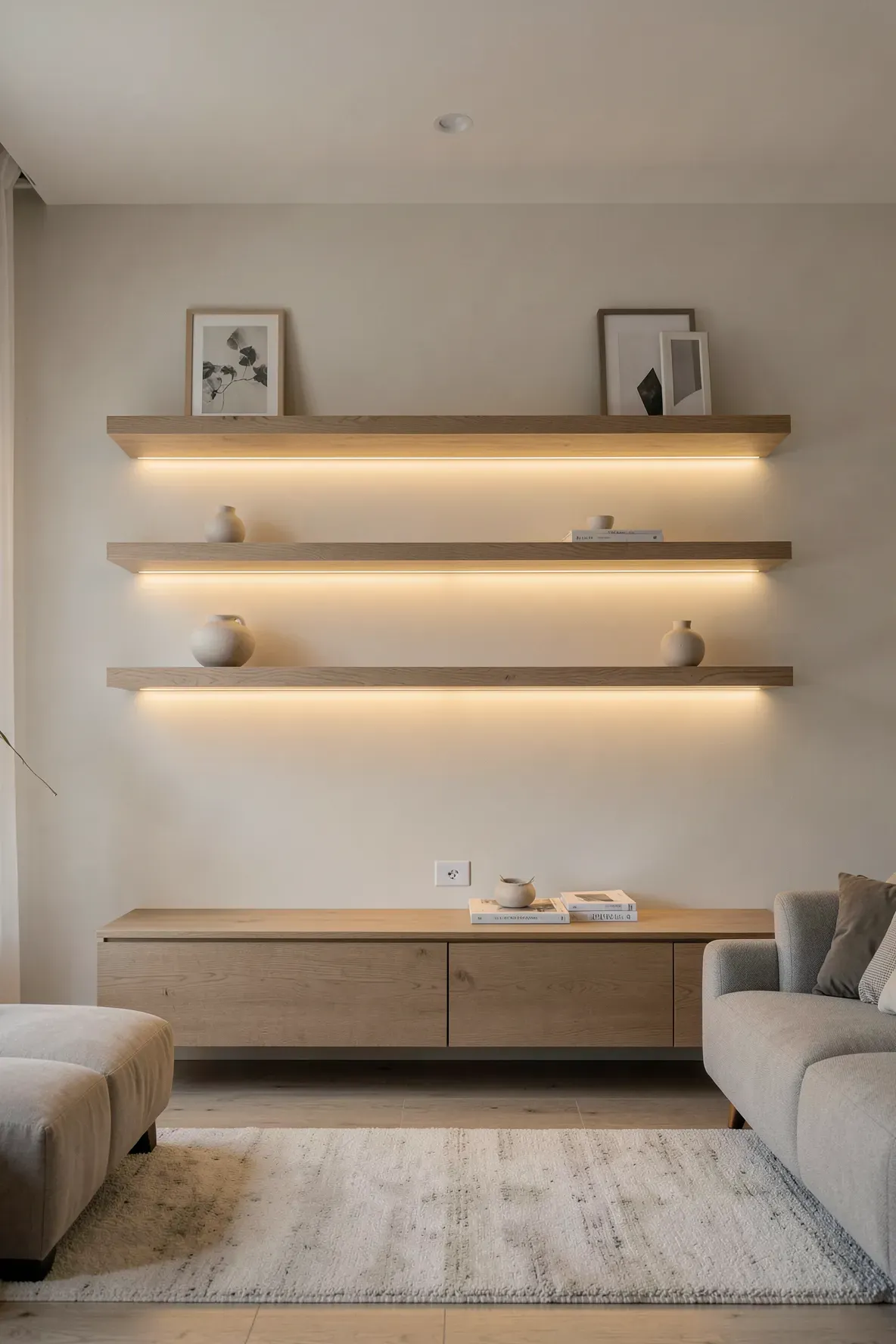 Hidden warm LED strips under floating shelves creating a soft glow in a modern living room.