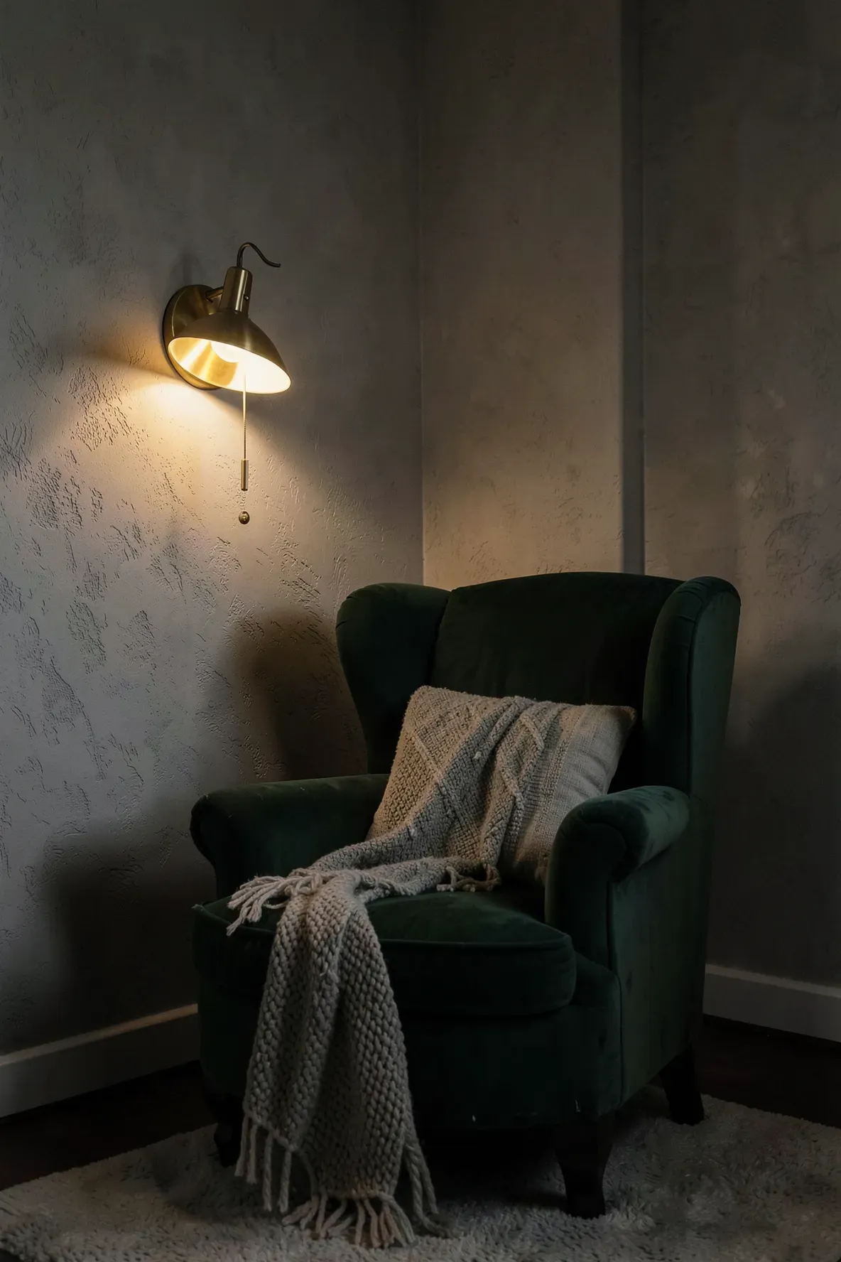 An adjustable brass reading sconce illuminating a cozy velvet chair in a dim living room.