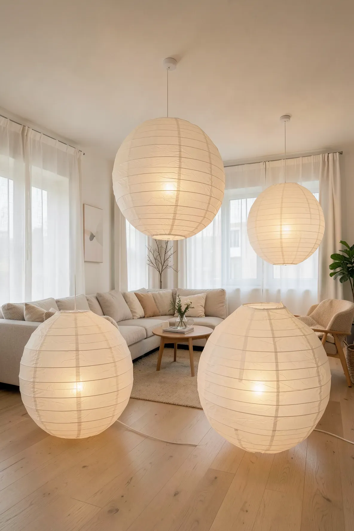 Large paper lantern floor lamps providing a soft, even warm glow in a minimalist living room.