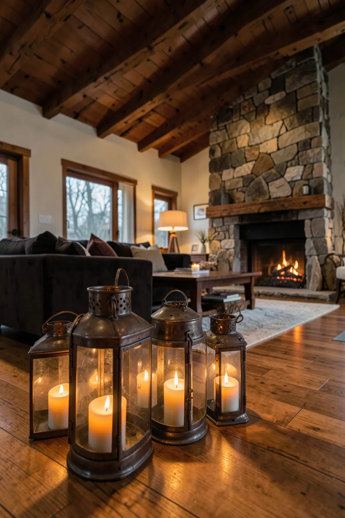 Traditional metal lanterns with glowing wax candles on a living room floor near a fireplace.