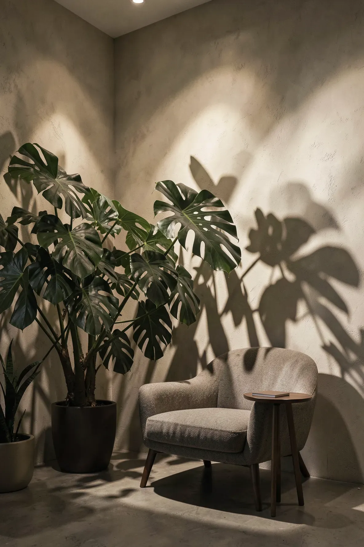 Directional spotlights casting dramatic Monstera leaf shadows on a warm living room wall.