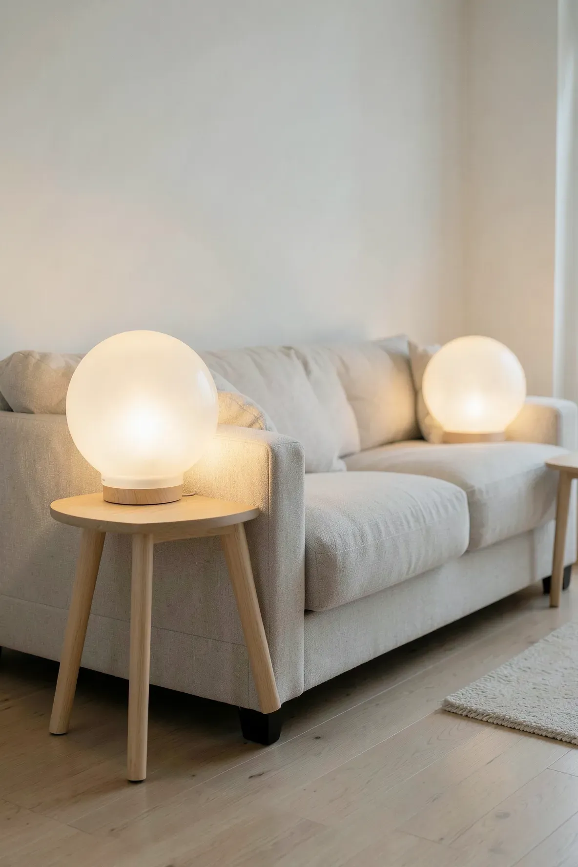 Frosted glass globe table lamps providing soft, diffused warm light in a minimalist living room.