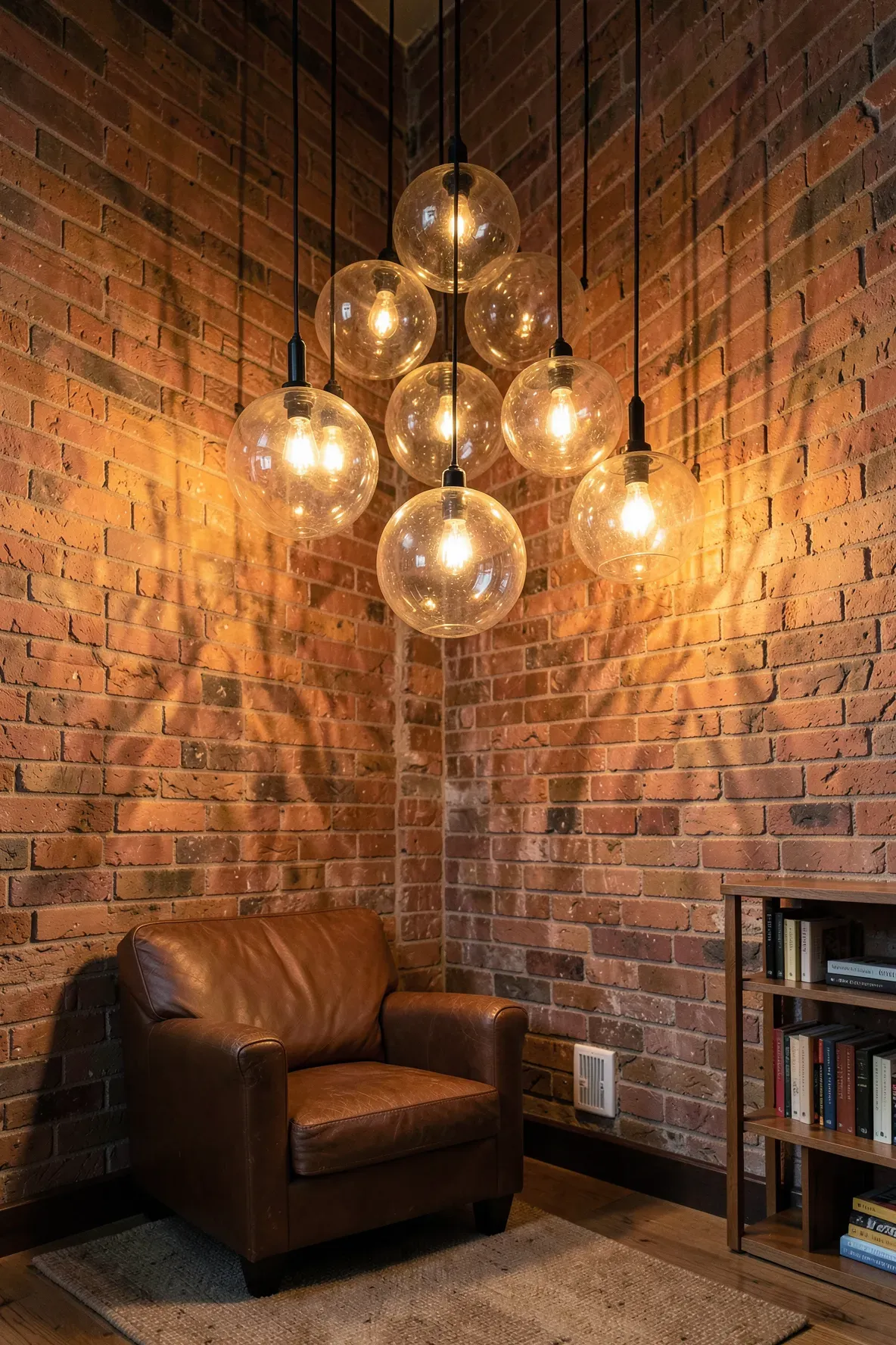 Hand-blown glass pendant lights with warm bulbs hanging in a cozy living room corner.