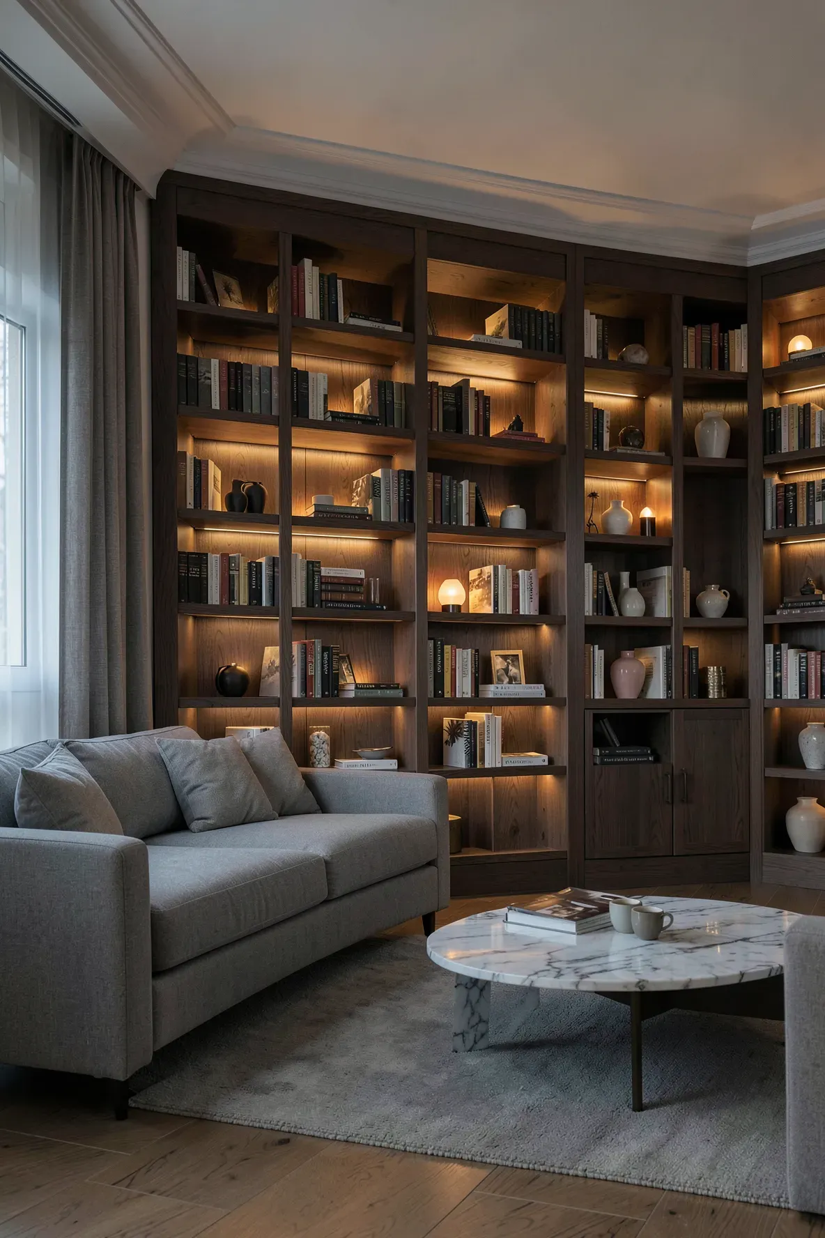 A cozy living room featuring a large bookshelf with warm accent lights tucked behind books.