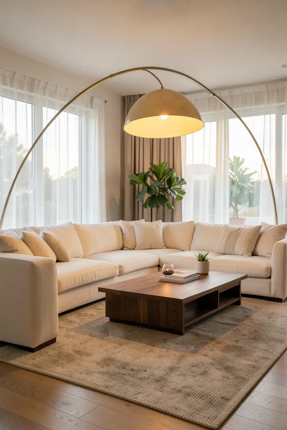 A modern living room with a large arched floor lamp providing warm light over a cream sofa.