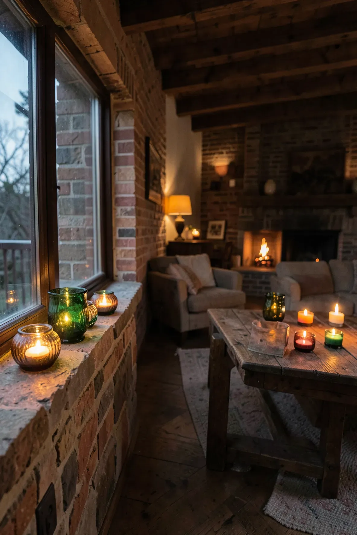 Warm tea lights in amber and green glass holders scattered throughout a cozy, dark living room.