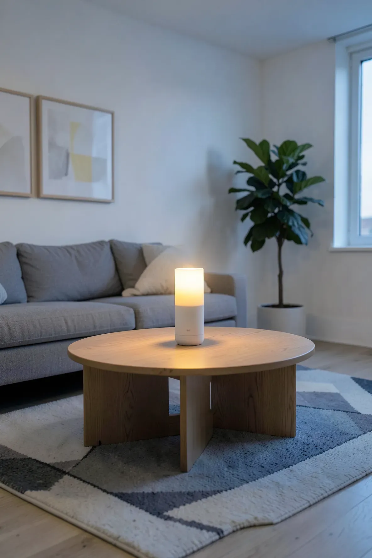 A minimalist living room with a cordless warm lamp on a wooden coffee table, free of wires.