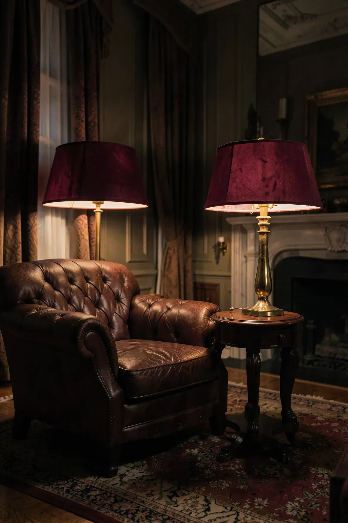 A luxurious living room with velvet-shaded lamps creating dramatic pools of warm light.