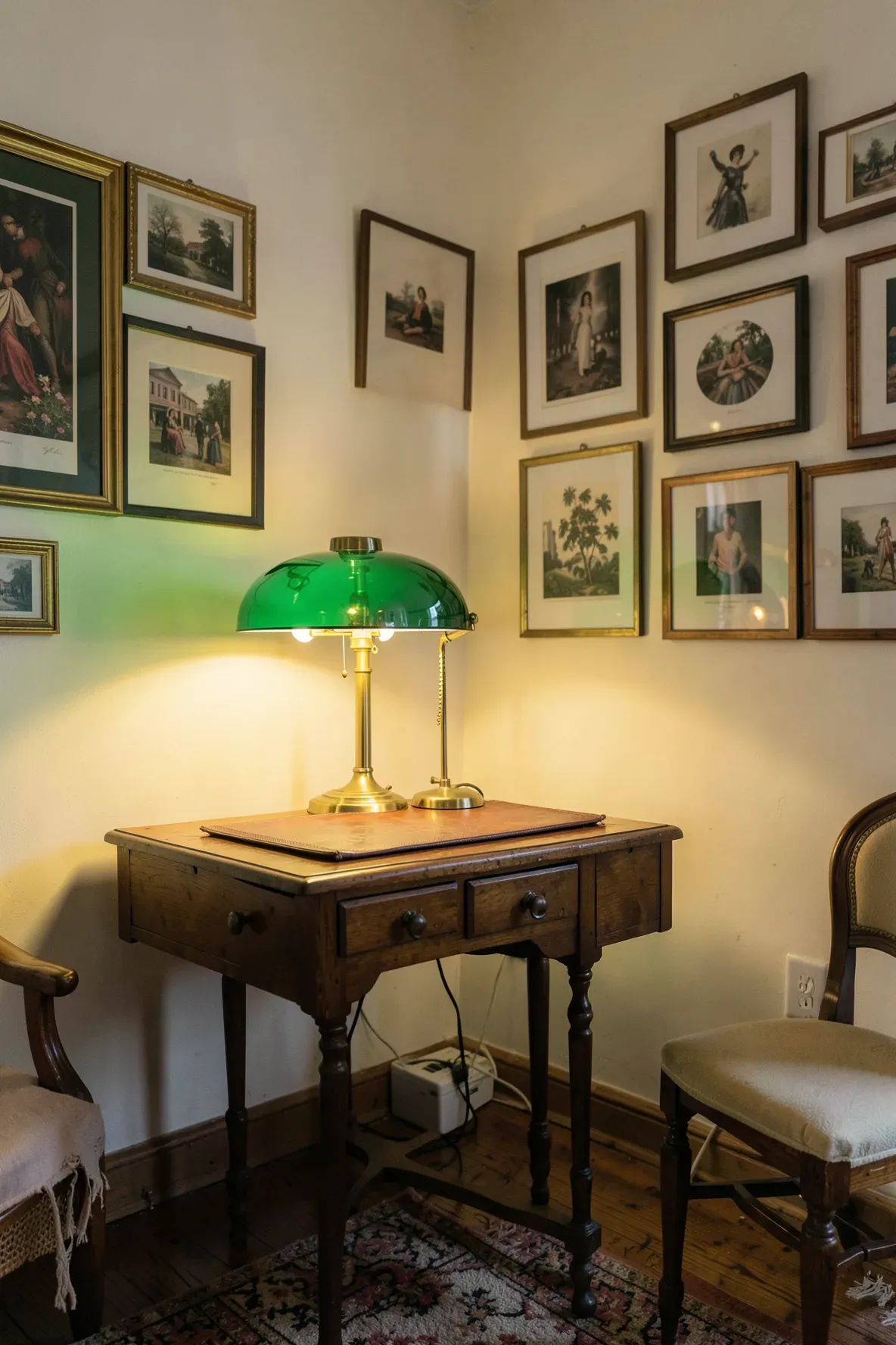 A vintage brass banker lamp with a green shade on a desk in a cozy, classically styled living room.