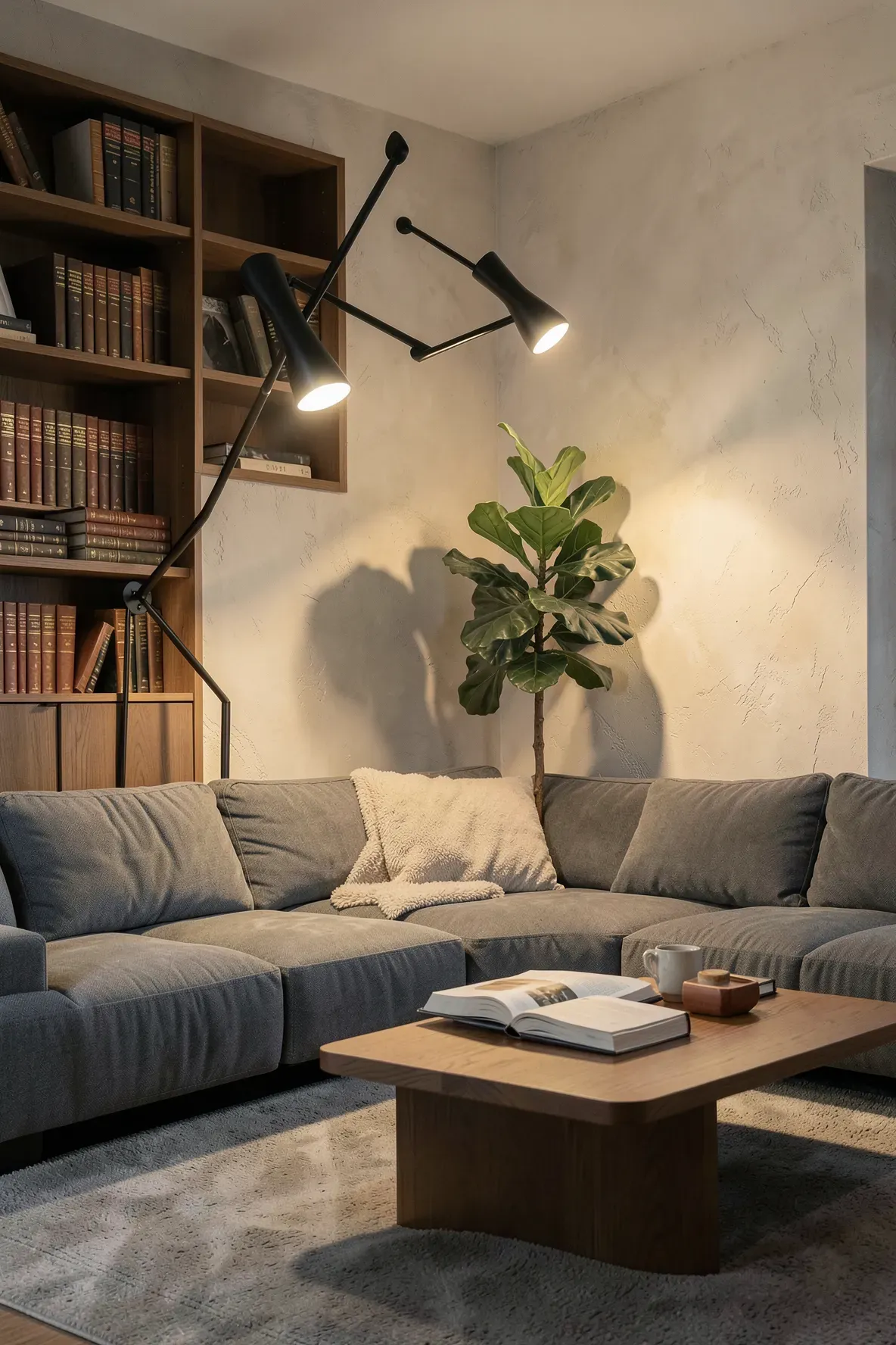 A modern three-head floor lamp illuminating a cozy living room with warm, layered light.
