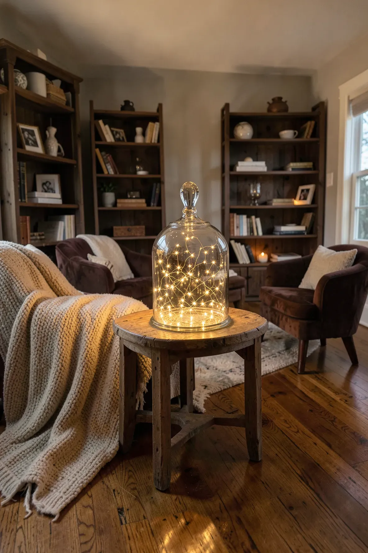 A glass jar filled with warm fairy lights glowing on a table in a cozy, dimly lit living room.