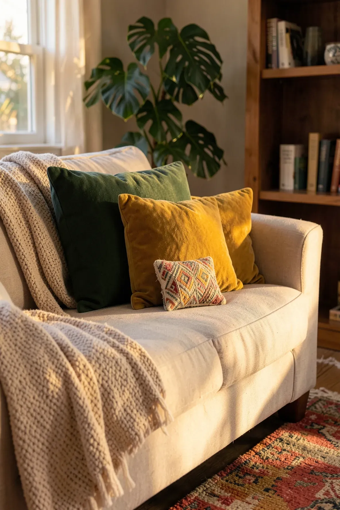 A cozy sofa corner with three pillows of decreasing sizes in green, mustard, and geometric patterns.