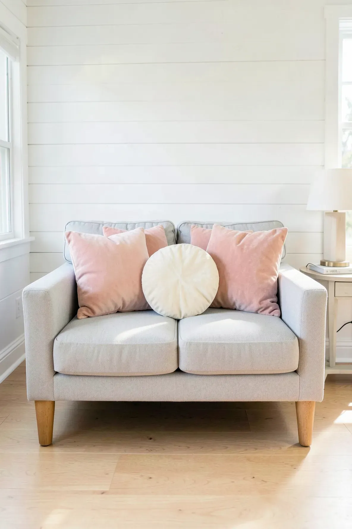 A light gray loveseat with a central cluster of pink and cream pillows in a bright room.