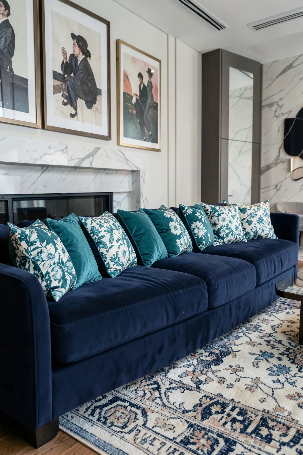 A navy sofa with a rhythmic arrangement of alternating teal solid and patterned pillows.