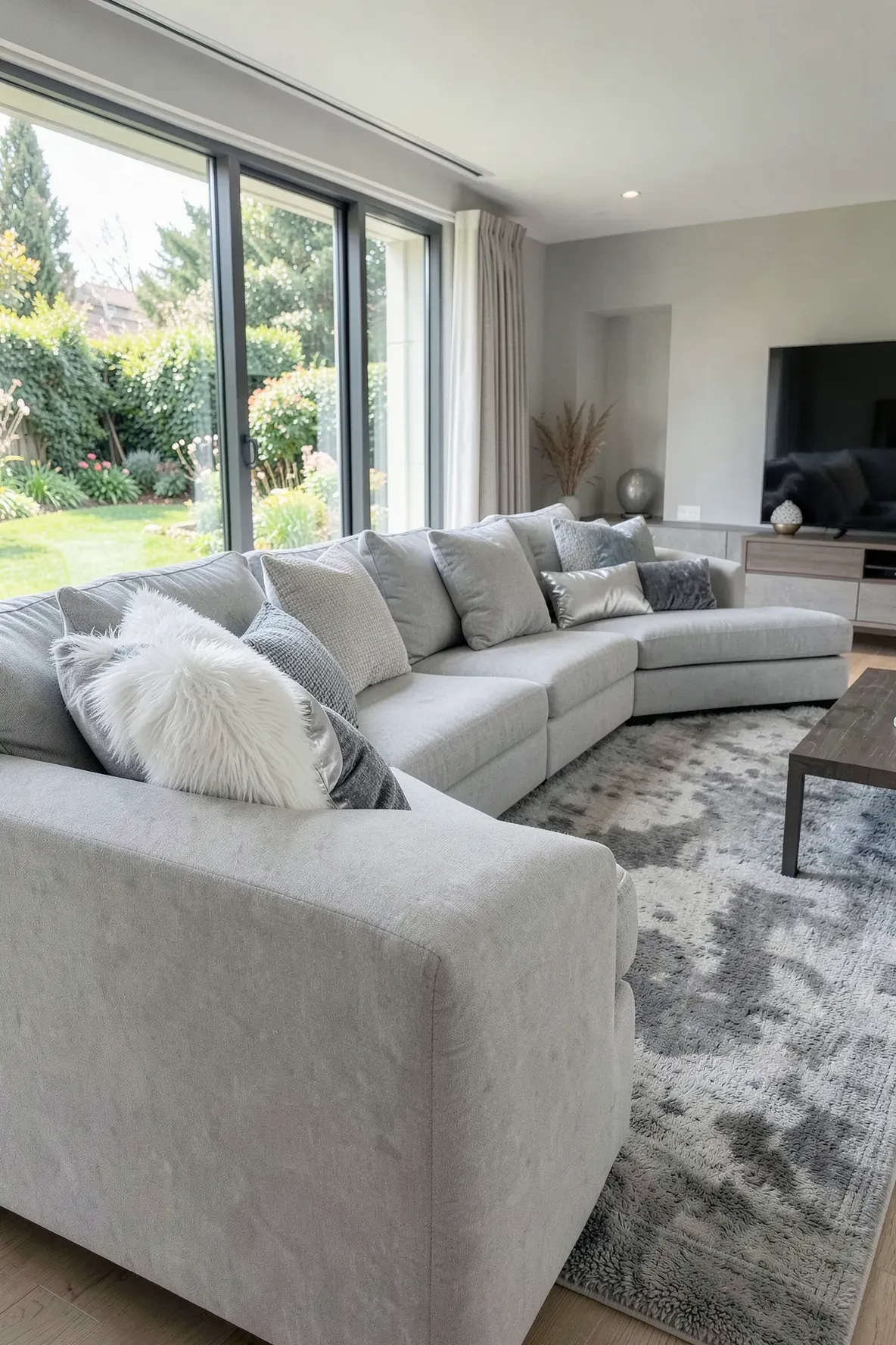 A large gray sectional sofa with a rich mix of fur, velvet, and woven pillows in the corner.