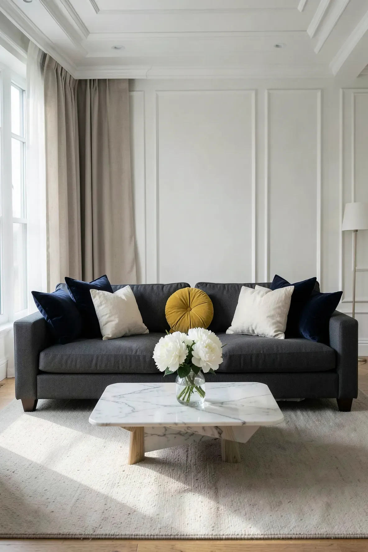 A long gray sofa with symmetrical navy and cream pillows and a single yellow round pillow in the center.