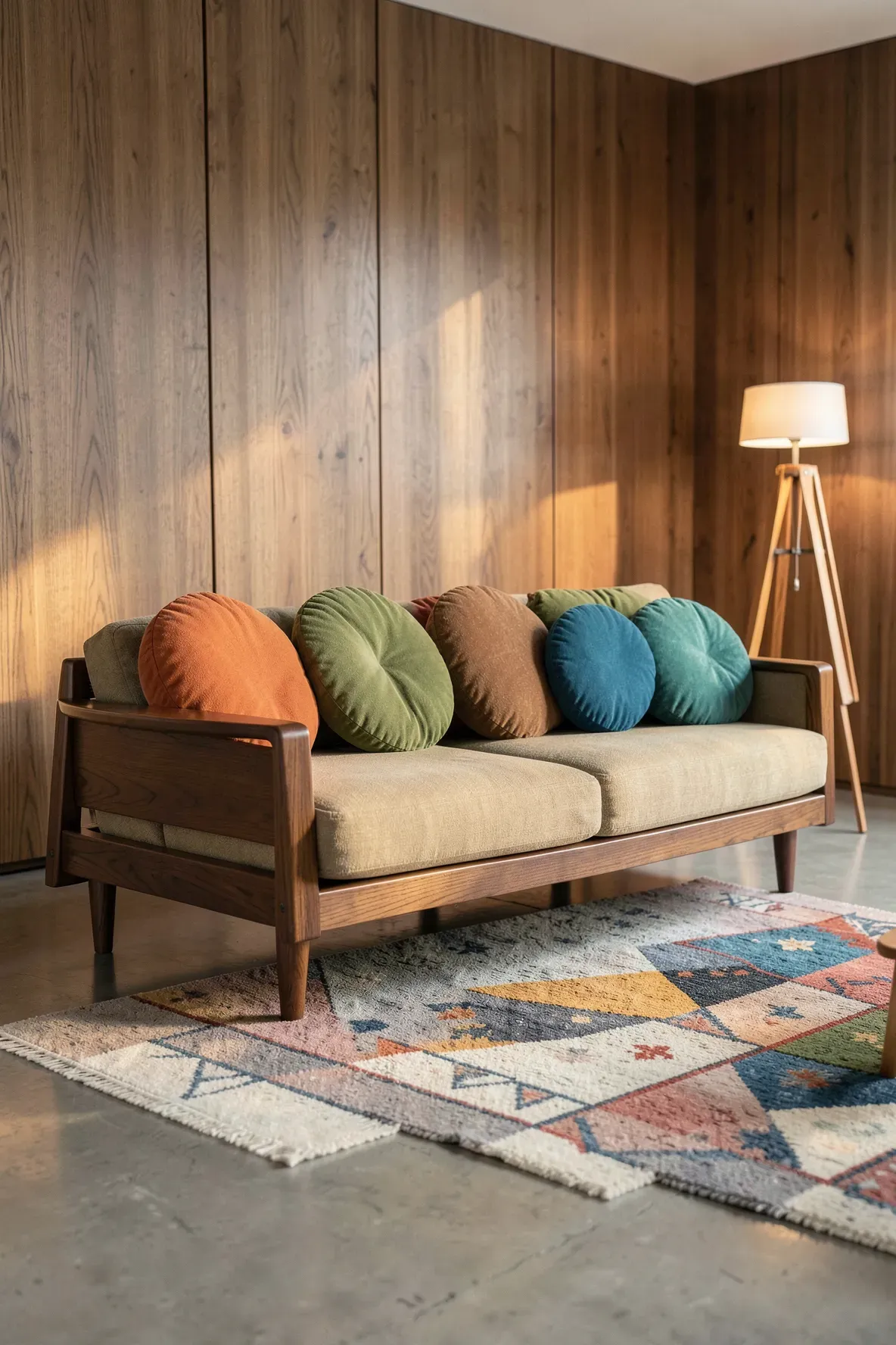 A walnut sofa with round button-tufted pillows in orange and green in a mid-century modern room.